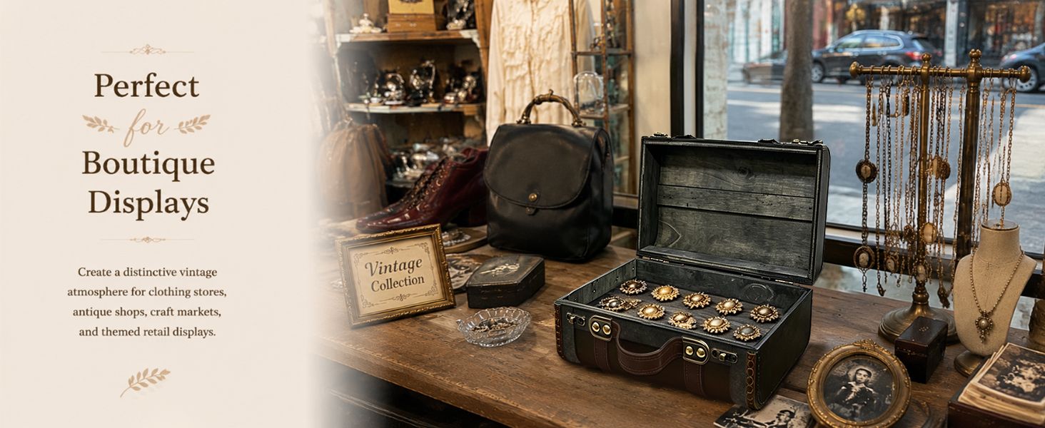 Shows the vintage trunk displayed in a boutique retail setting to inspire shoppers to imagine it styling their own store or market stall. Presents multiple commercial environments where the product…