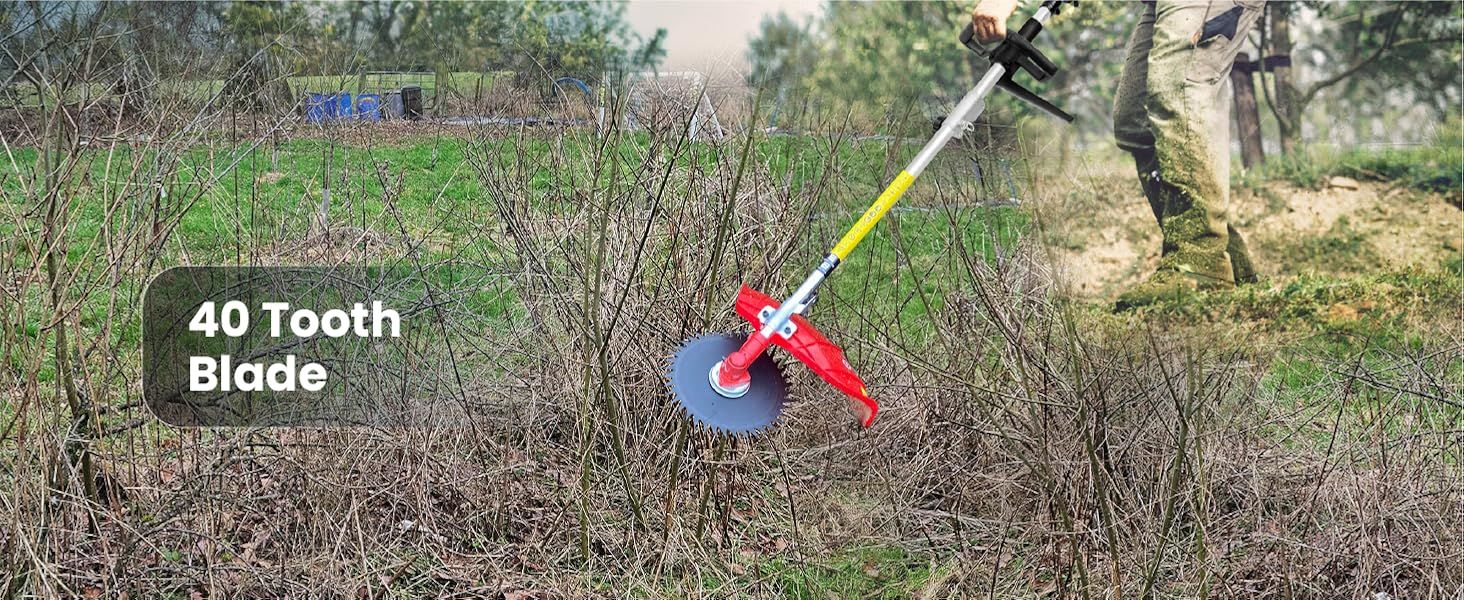 Shows the 40 tooth blade clearing dense brush to communicate that it handles heavy-duty clearing.