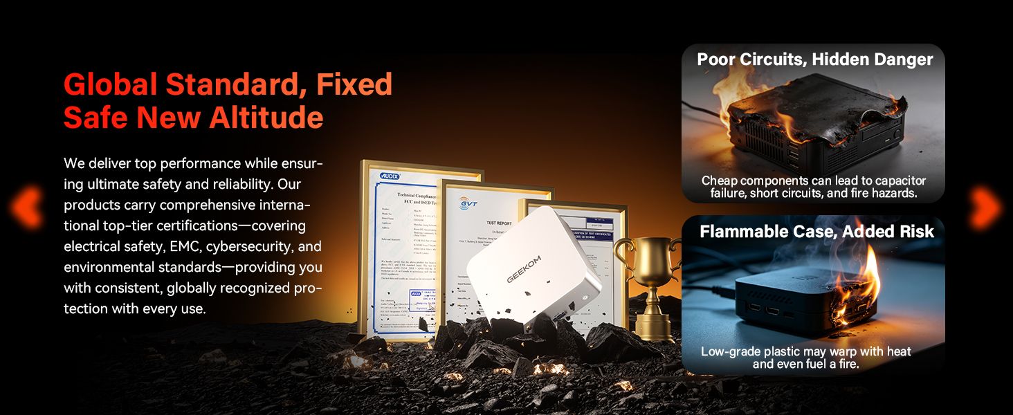 Displays international certifications and contrasts poor-quality components to reassure shoppers the product is electrically safe. Uses segmented panels to show certifications and fire-risk…