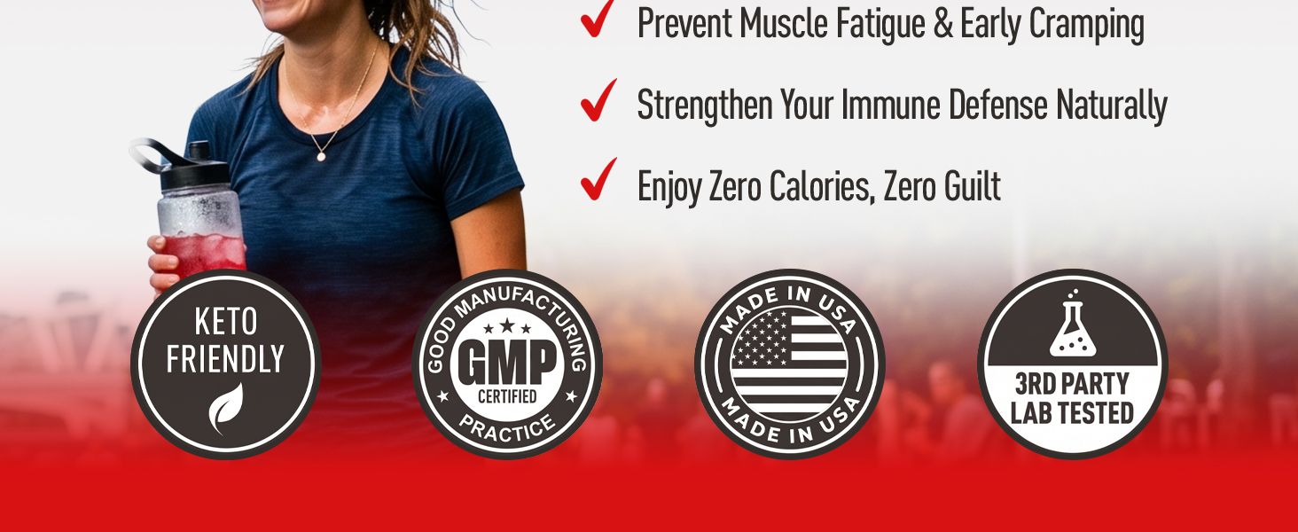 Lists several key benefits with checkmarks and displays quality badges so shoppers quickly see the product supports fatigue prevention immunity and zero calorie goals while meeting manufacturing and…