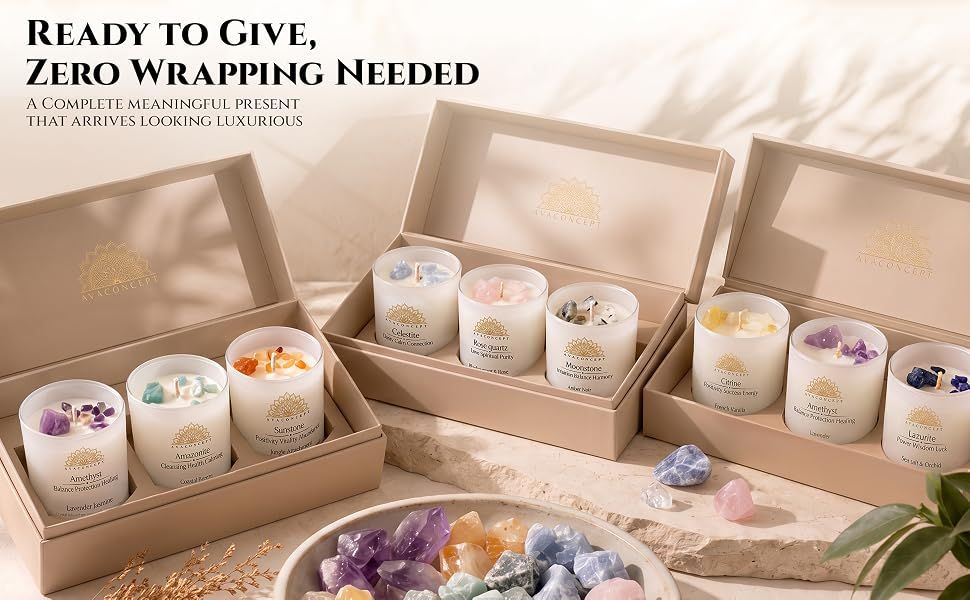 Shows the crystal candle gift sets displayed in boxes on a warm neutral setting to help shoppers picture a ready-to-give present. Positions the crystal candle sets as a complete gift that needs no…