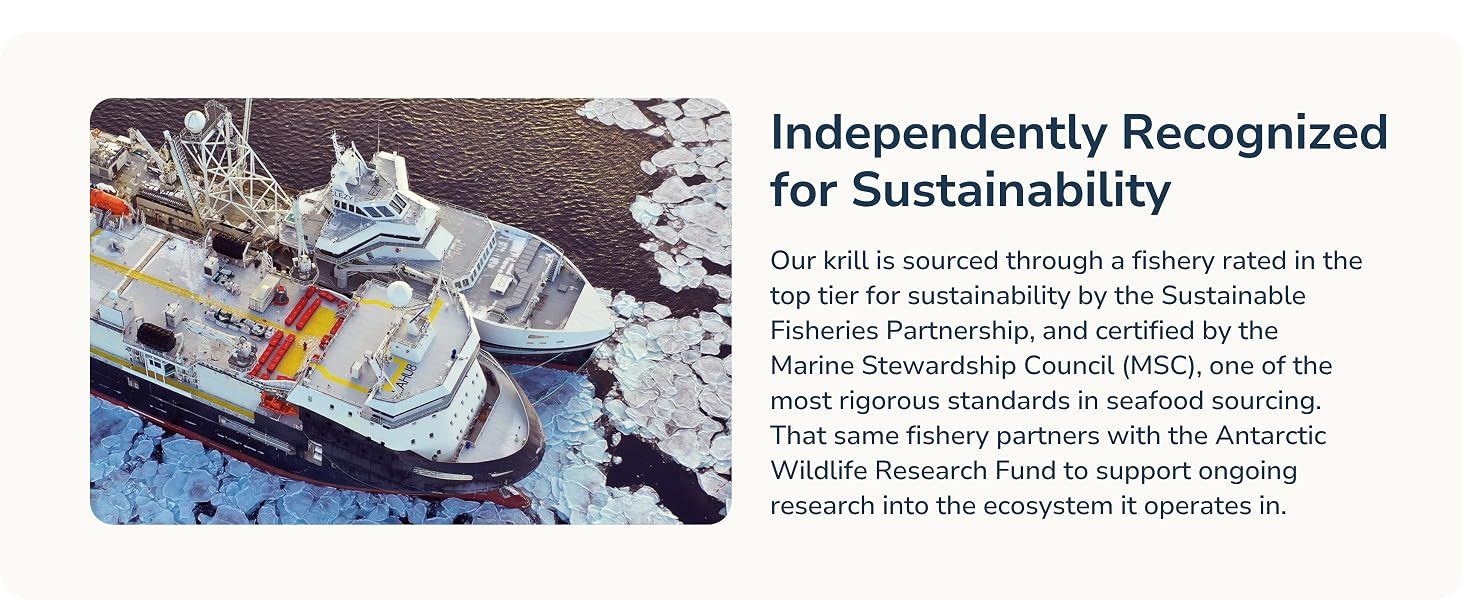 Reassures shoppers that the krill is responsibly sourced, independently certified by MSC and top rated for sustainability, and supports Antarctic ecosystem research.