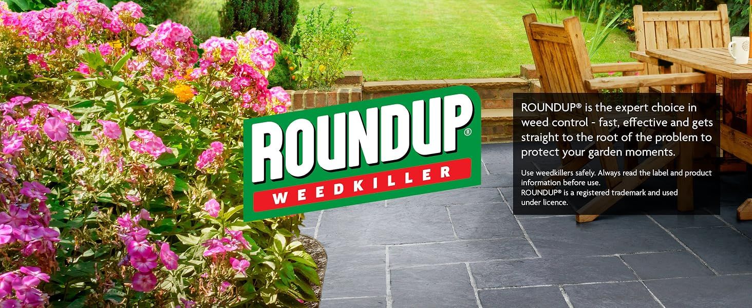 Positions ROUNDUP as the trusted expert brand in weed control and reinforces brand recognition through a prominent logo and lifestyle garden setting. Shows the product brand within an inviting…