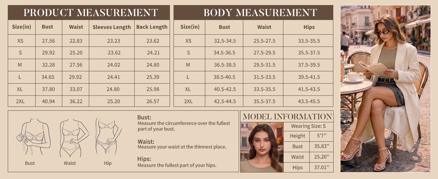 Provides detailed product and body measurement charts so shoppers can confidently choose the right size and fit.