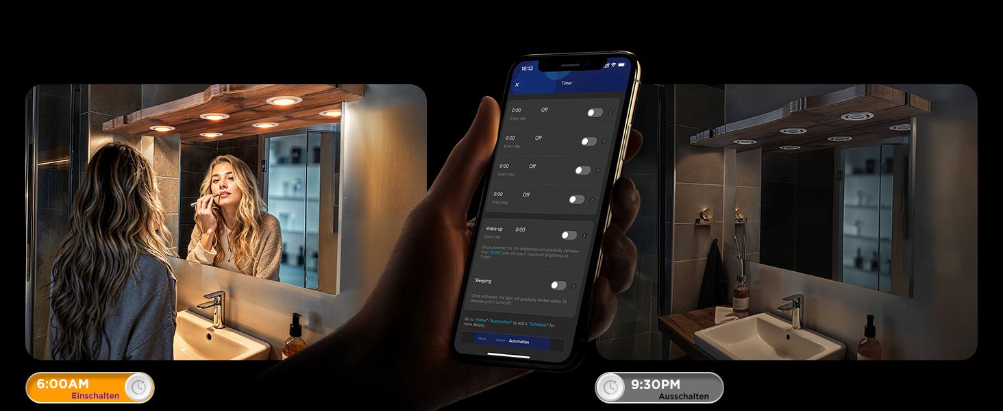 Shows the lights turning on at 6:00AM and off at 9:30PM via the app schedule so shoppers understand easy automated control for daily routines. Demonstrates use of the lighting in a bathroom vanity…