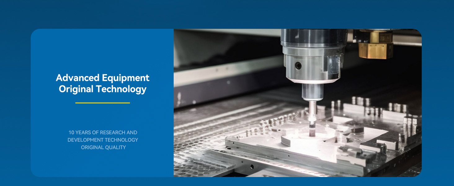 Shows advanced machinery and original technology in a segmented panel layout to reassure shoppers about engineering capability and product quality.