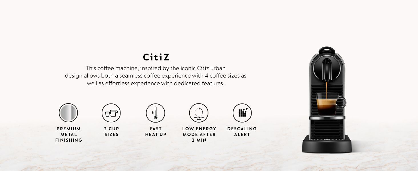 Showcases five key product features in an organized icon-based layout to help shoppers quickly understand the coffee machine's main selling points and capabilities.