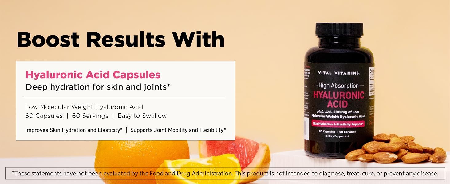 Communicates the primary benefit of hyaluronic acid supplementation for skin hydration and joint mobility, helping shoppers understand the core value proposition.