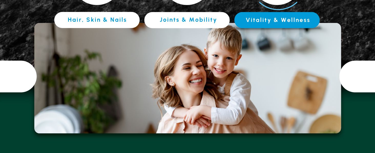 Showcases multiple health and wellness benefit categories in a tabbed navigation format to help shoppers understand the diverse applications of the product across hair, skin, nails, joints,…