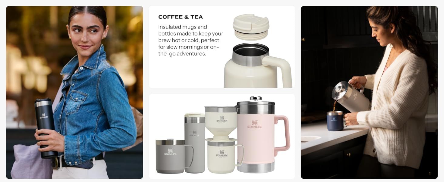 Demonstrates the versatility of the insulated mugs and bottles by showing them in different real-world scenarios, helping shoppers understand when and where they can use the product. Displays the…