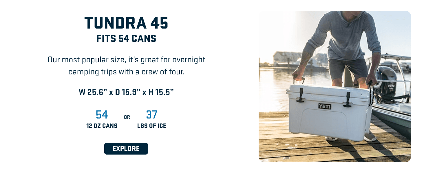 Highlights the Tundra 45 as the most popular size with capacity specs (54 cans) and dimensions, showing its suitability for camping trips to help shoppers understand its versatility. Emphasizes the…