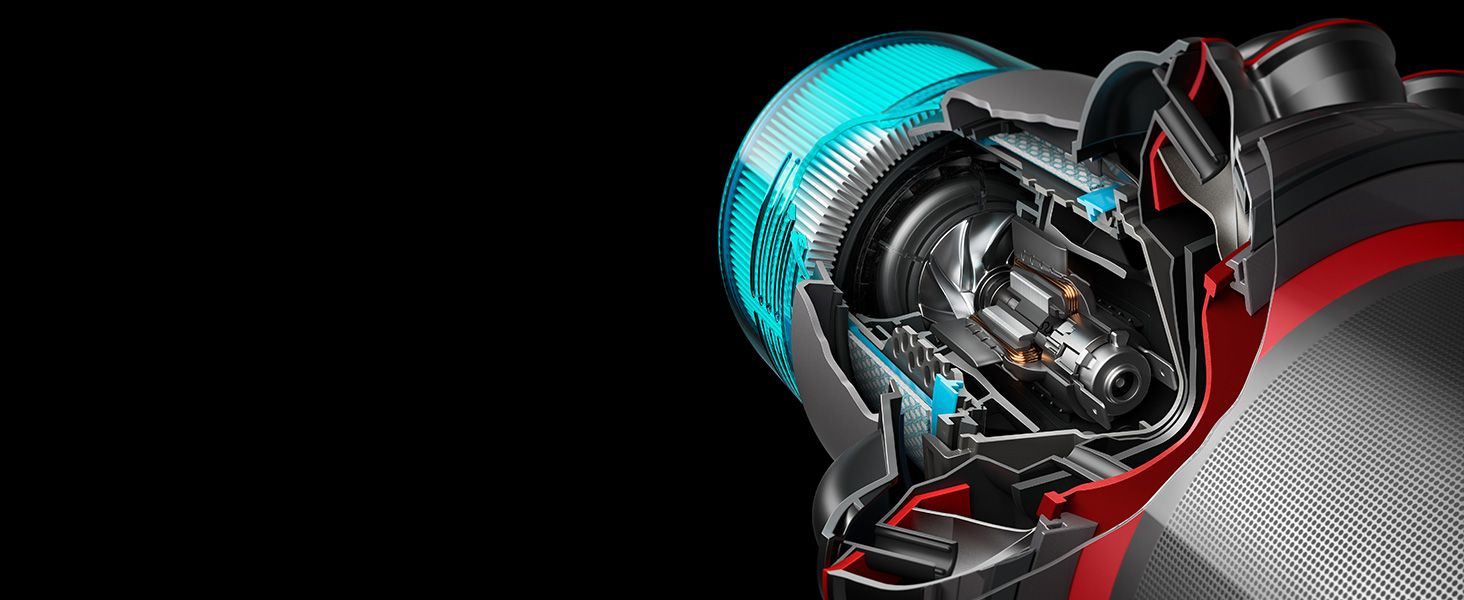 Shows the internal engineering and motor components of the vacuum in a cutaway view to communicate advanced technology and build confidence in product quality.