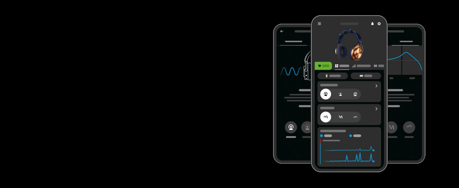 Showcases the companion app's sound customization and monitoring screens to build confidence in the product's smart features.