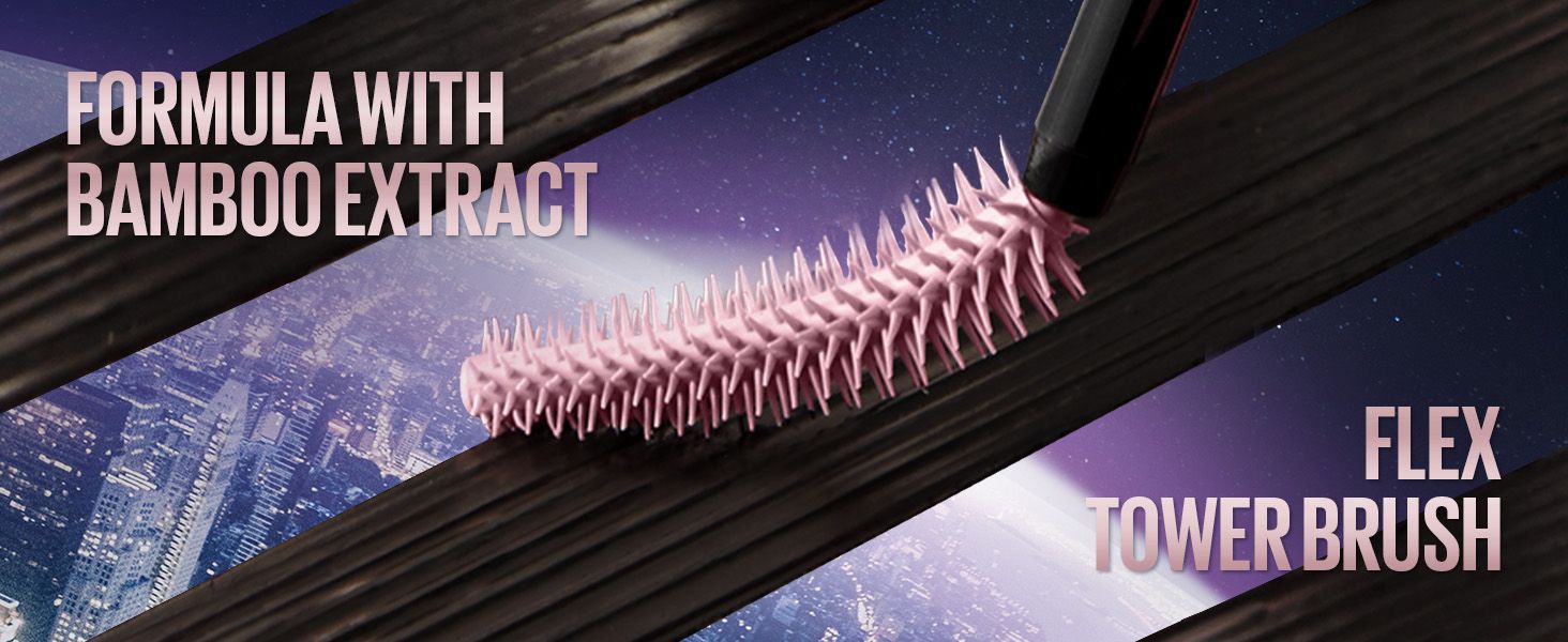 One continuous brush scene carries two labels for the bamboo extract formula and the flex tower brush. Shoppers see the formula and brush as the core product benefits.