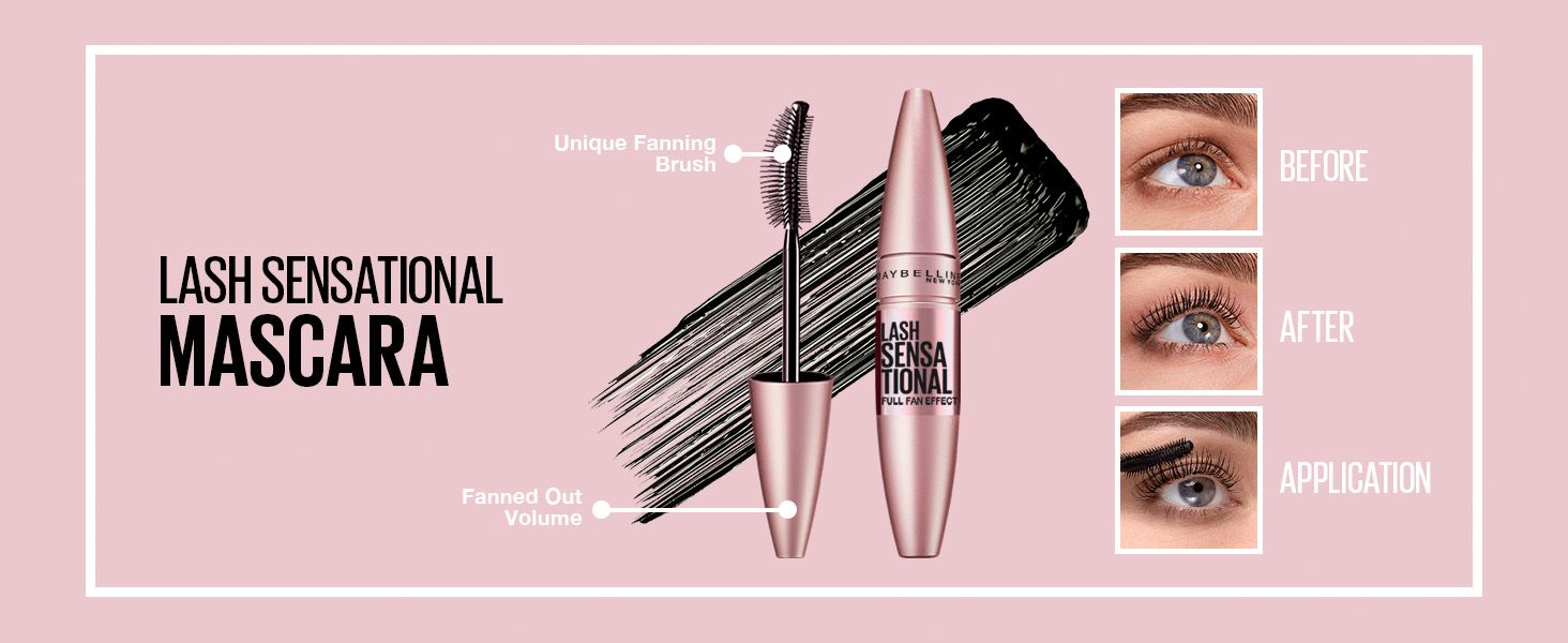 Labels the brush and fanned volume zones to show how the wand builds lashes. Note: the image shows Lash Sensational, not the listed Sky High product. Pairs two callouts with before, after, and…