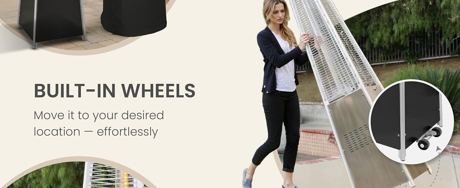 Shows that the heater has built-in wheels so shoppers can move it to any desired spot effortlessly. The lifestyle photo and wheel close-up reassure buyers that repositioning is simple. Demonstrates…