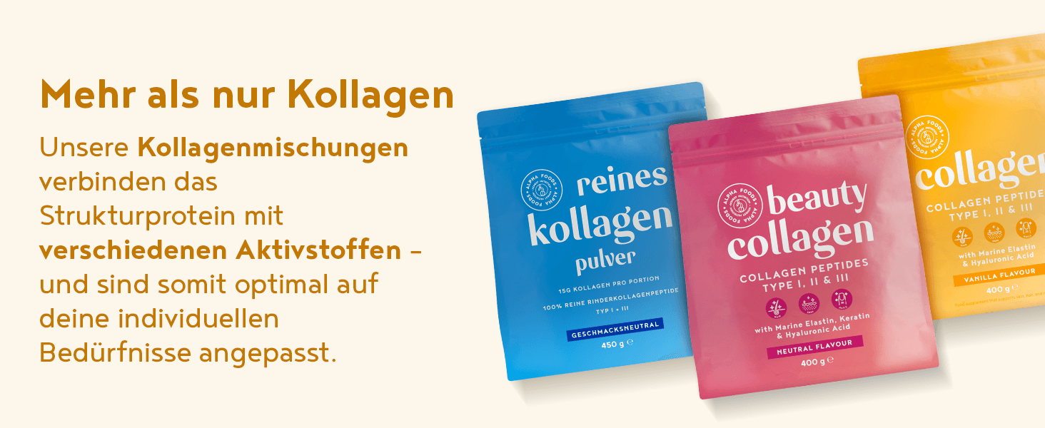 Showcases the collagen product range so shoppers can see the available blends and choose one matching their needs. Explains that the collagen blends combine structural protein with active…