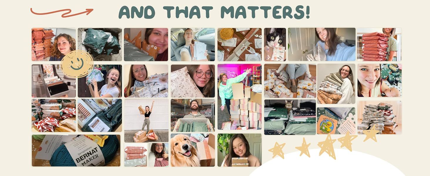 Shows a collage of real customers with their purchases to build trust and show that a real community loves the brand. Headline AND THAT MATTERS reinforces a brand message about customer community…