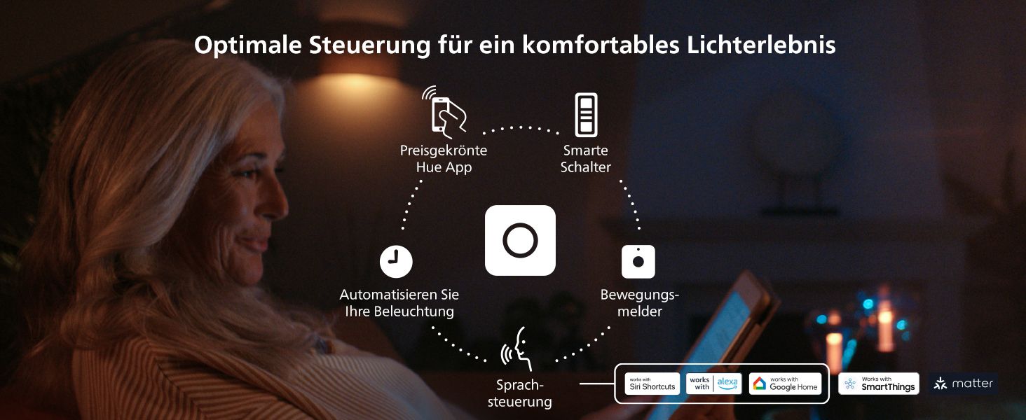 Shows multiple ways to control the lighting, from app and voice to sensors and automation, so shoppers see the flexibility of the system. Reassures shoppers that the system works with Siri…