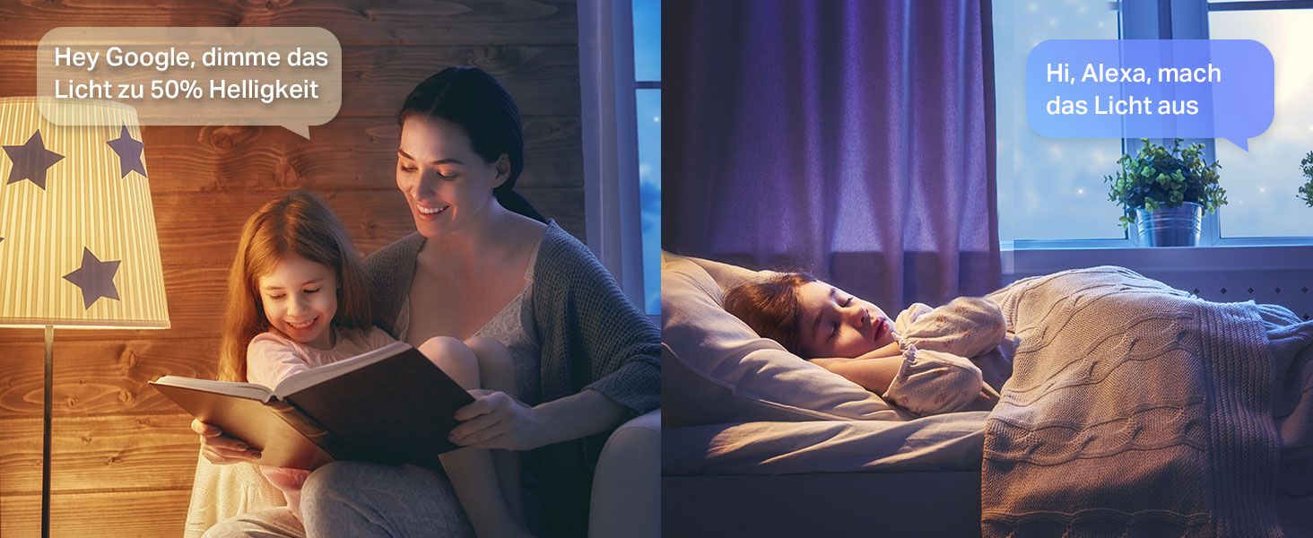 Demonstrates easy voice control for dimming and switching off the lights so shoppers understand how convenient the bulbs are at bedtime and story time. Shows example voice commands for Google and…