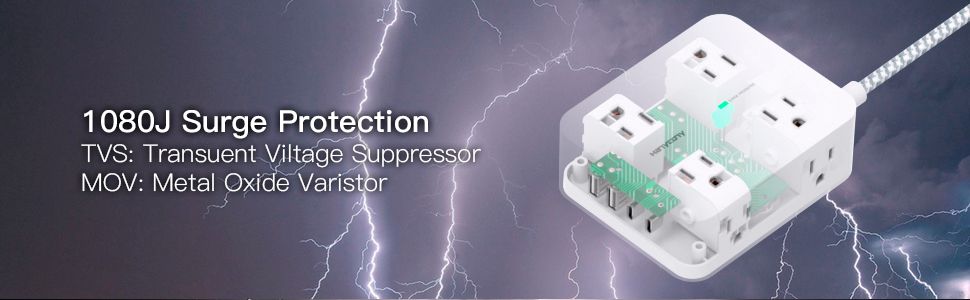 Highlights the product's 1080J surge protection feature to reassure shoppers about electrical safety and device protection. Shows the internal surge protection components (TVS and MOV) to…