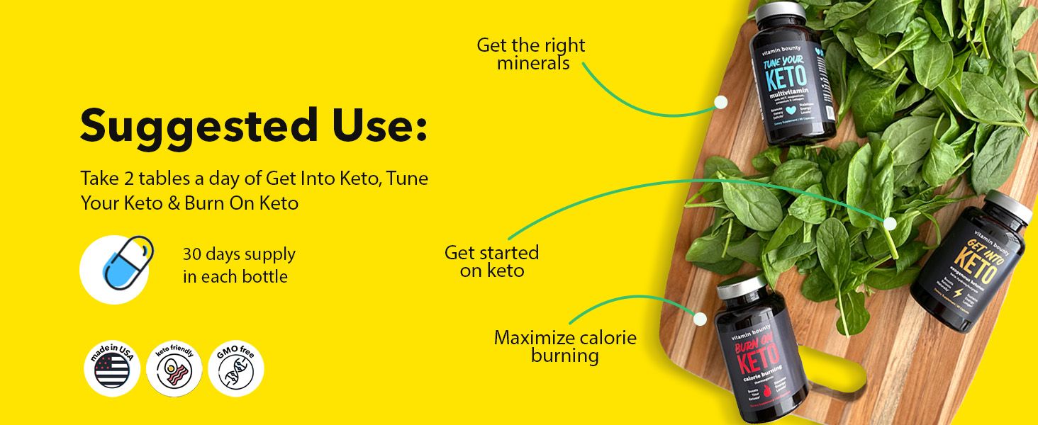 Communicates multiple benefits of the keto supplement line including mineral support, getting started on keto, and calorie burning, while also providing usage instructions and supply information to…