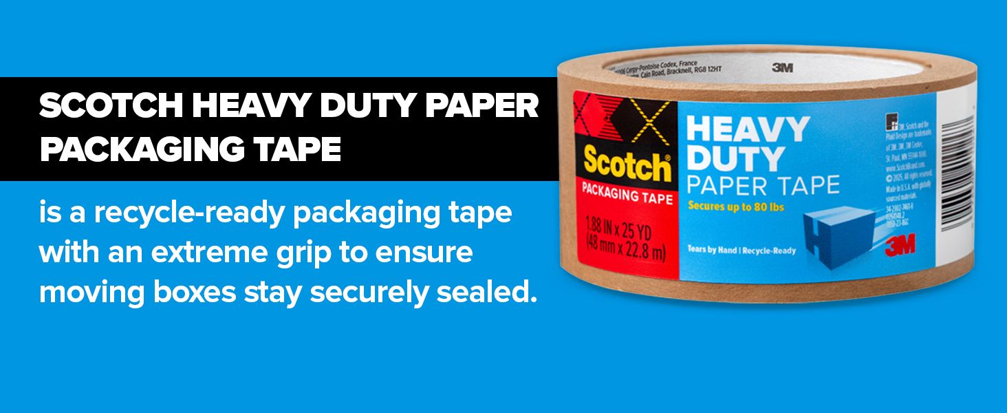 Communicates the key benefits of the packaging tape—its extreme grip for secure sealing and its eco-friendly recycle-ready feature—to reassure shoppers about product performance and sustainability.…