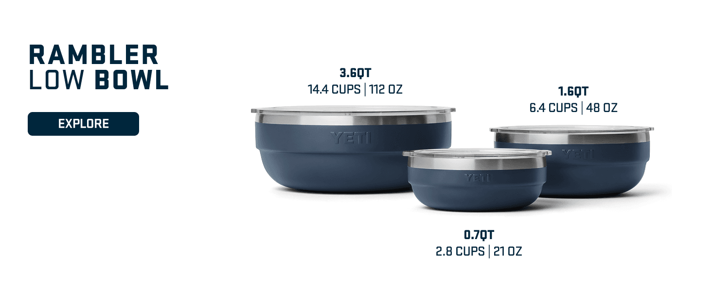 Displays the Rambler Low Bowl product line with three size options to help shoppers choose the right capacity for their needs.