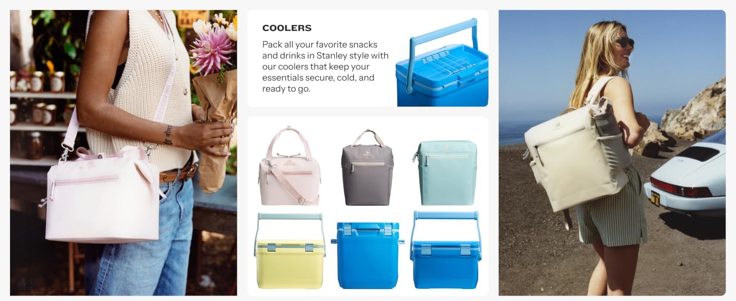 Displays the full range of cooler styles and color options available from the brand to help shoppers choose the right product for their needs. Demonstrates versatility by showing the coolers in…
