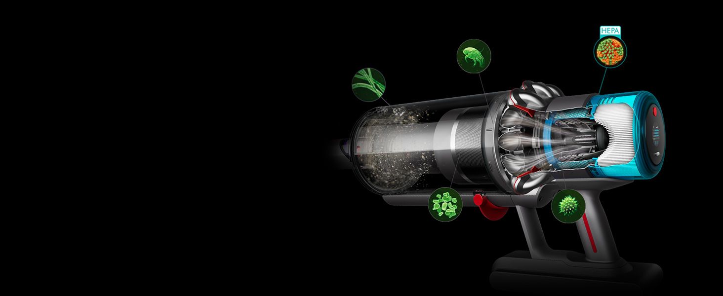 Illustrates the vacuum's internal filtration and cyclone system with callout icons showing how different particles are captured, reassuring shoppers about cleaning effectiveness and air quality.