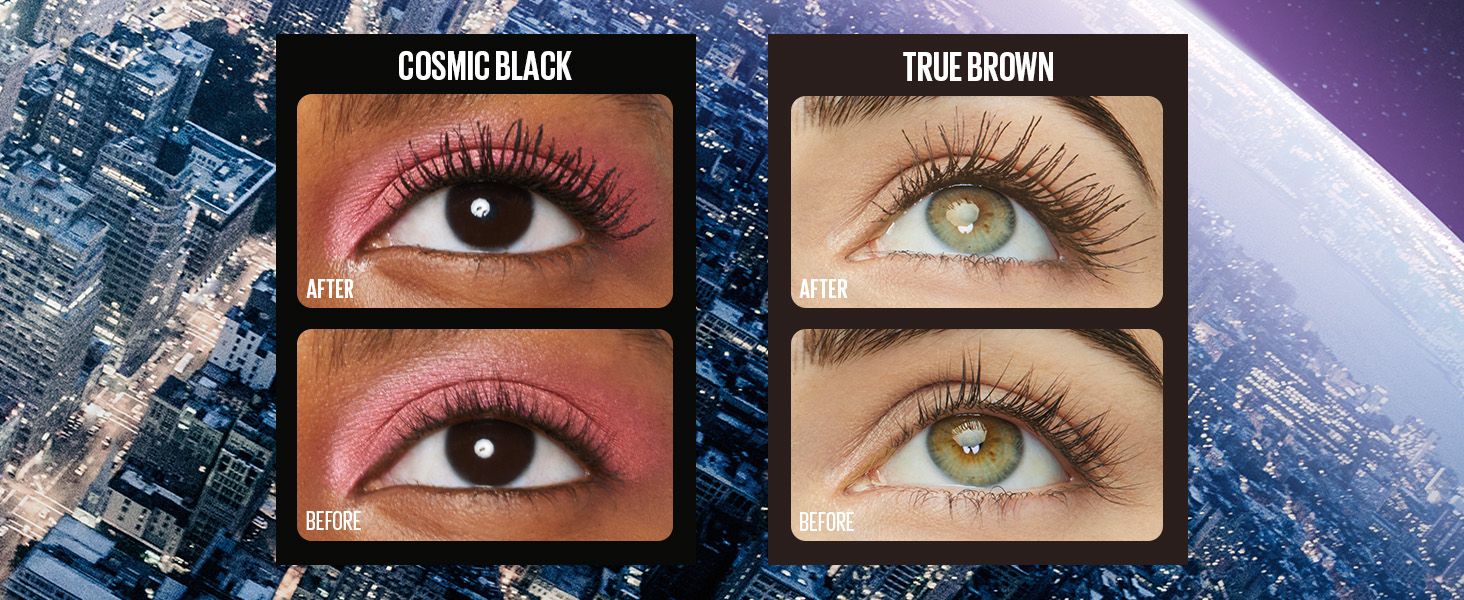 Shows the same eyes before and after applying each shade so shoppers can see the lash lift and color payoff. Presents two shades from the same mascara line side by side to help shoppers choose a…