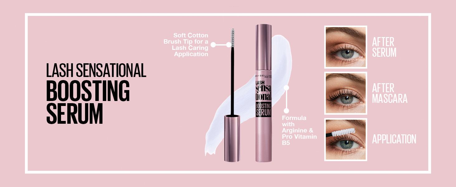 Shows the brush tip and formula parts of the serum, with before and after lash results, to prove how it cares for lashes. Highlights the gentle brush and nourishing formula as two separate benefits…