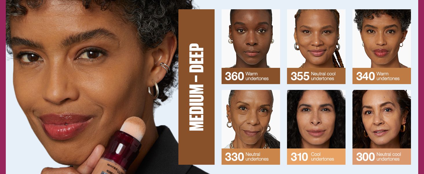 Presents the medium to deep shade options with undertone labels so shoppers can find their match within the brand line.
