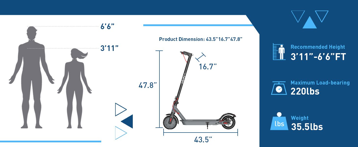 Communicates the exact physical dimensions of the scooter and provides scale reference with human silhouettes to help shoppers understand the product size and fit. Highlights multiple key product…