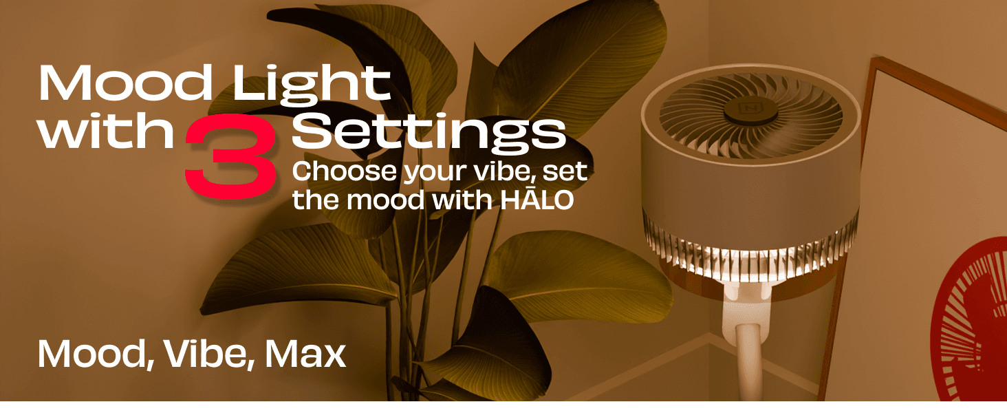 Shows the fan's built-in mood light with three selectable settings so shoppers see how it adds ambient atmosphere to a room.
