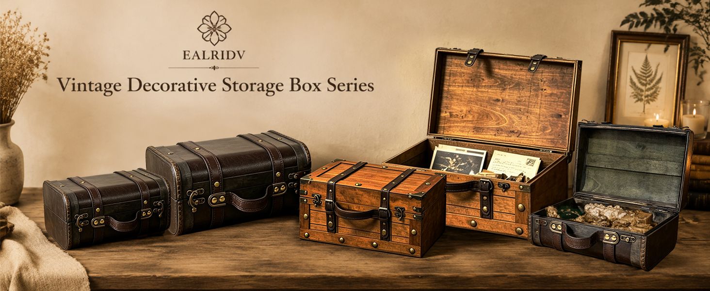 Presents the EALRIDV brand and its full vintage decorative storage box series so shoppers see the range of available styles and sizes from one trusted brand.