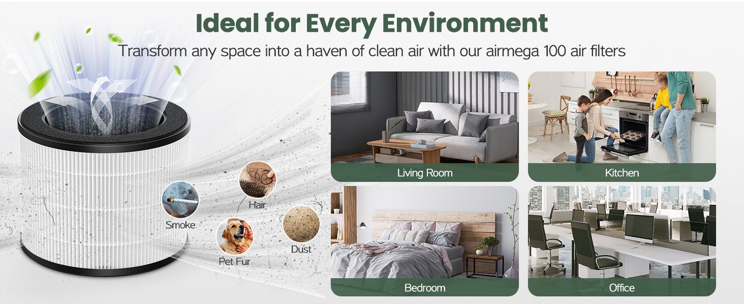 Shows the air filter in varied real-world rooms to help shoppers envision using it in their own home or workplace. Demonstrates that the air filter works across multiple environments, reassuring…