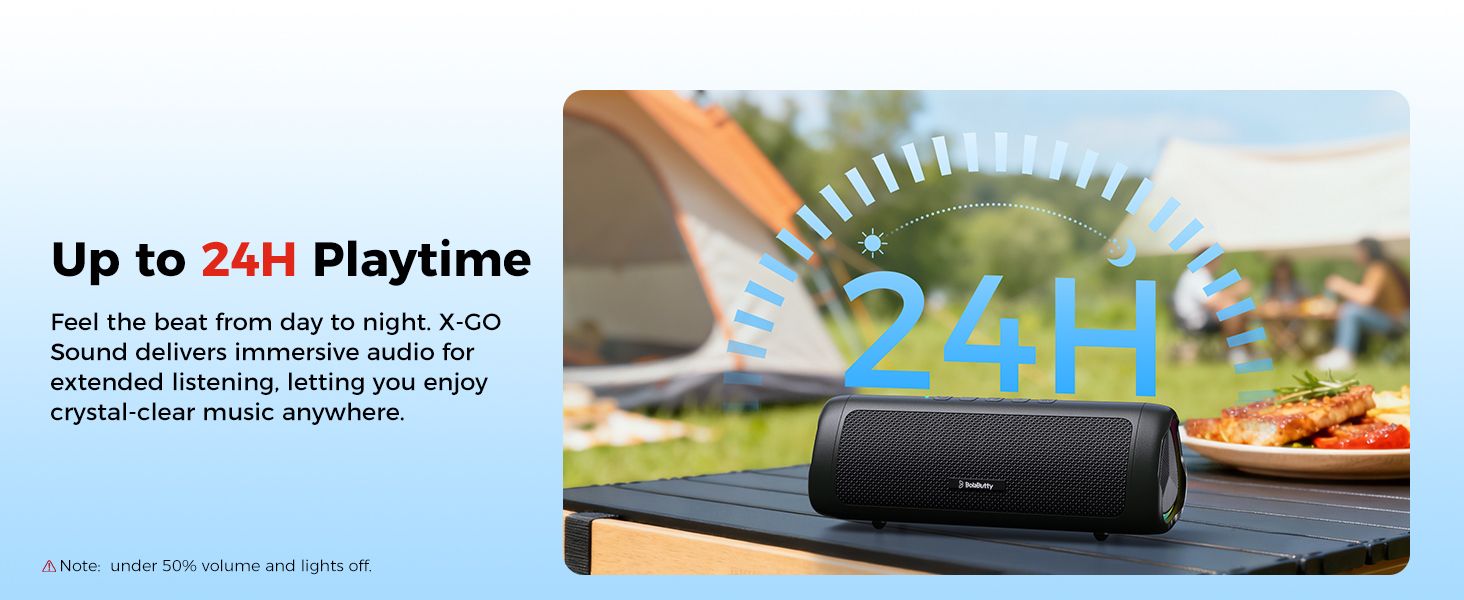 Shows one core claim of up to 24 hours of playtime so shoppers know the speaker lasts all day and night. The note clarifies the test conditions.