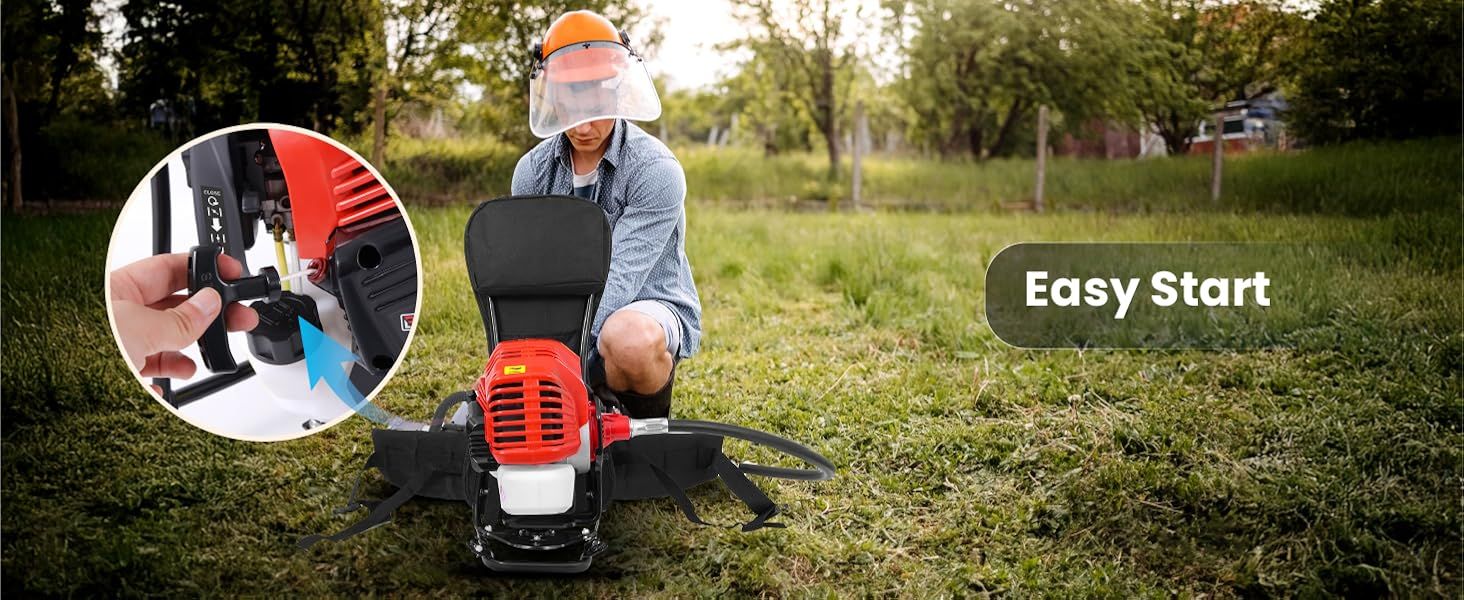 Shows the simple starting procedure with a close-up of the pull handle so shoppers see that starting the engine is quick and easy. Highlights one core benefit that the engine starts easily,…