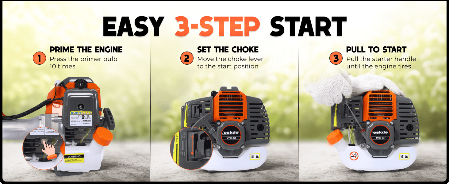 Walks shoppers through a simple three-step starting sequence so they can see that the engine is easy to get running. Reinforces that starting the engine is quick and effortless, reassuring shoppers…
