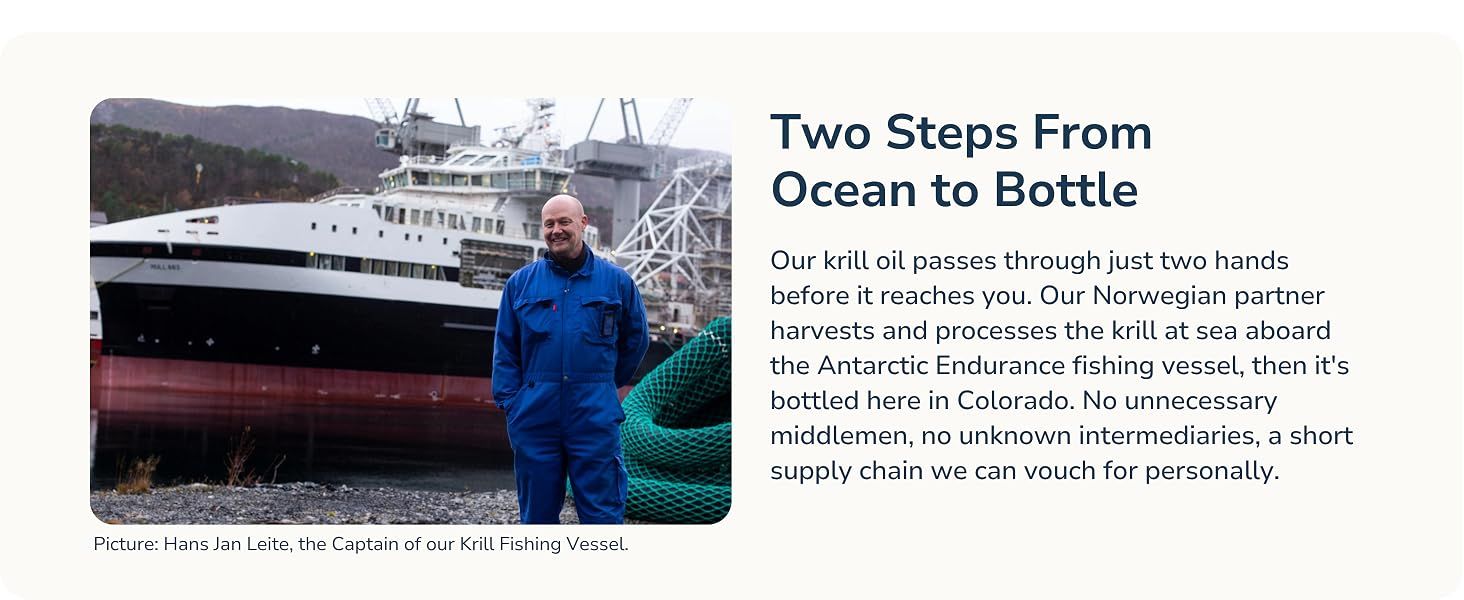 Builds trust by showing a short, personally vouched supply chain from Norwegian partner harvest to Colorado bottling with the ship captain featured as the face of sourcing.