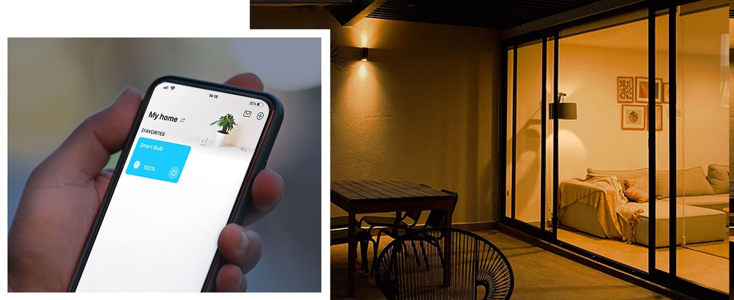 Shows smartphone app control of the bulbs alongside a warmly lit patio to reassure shoppers they can easily manage brightness and mood from their phone.
