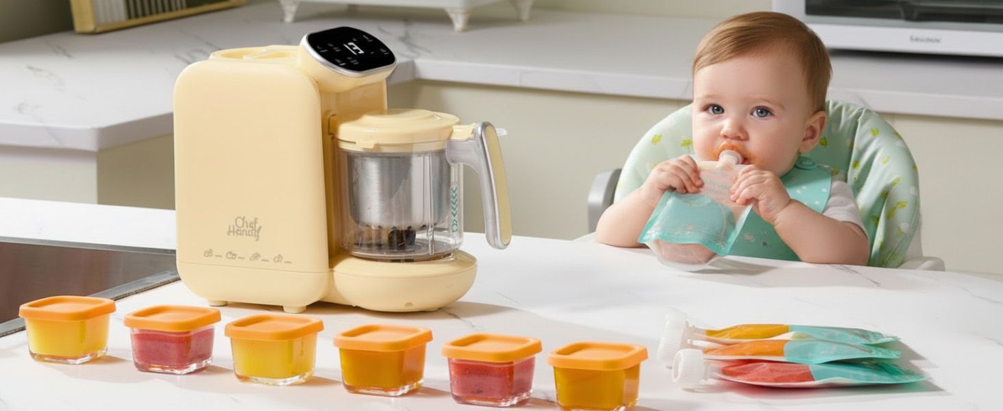 Demonstrates the product in a real-world family kitchen environment with a baby to help shoppers visualize the product's practical use for baby food preparation.