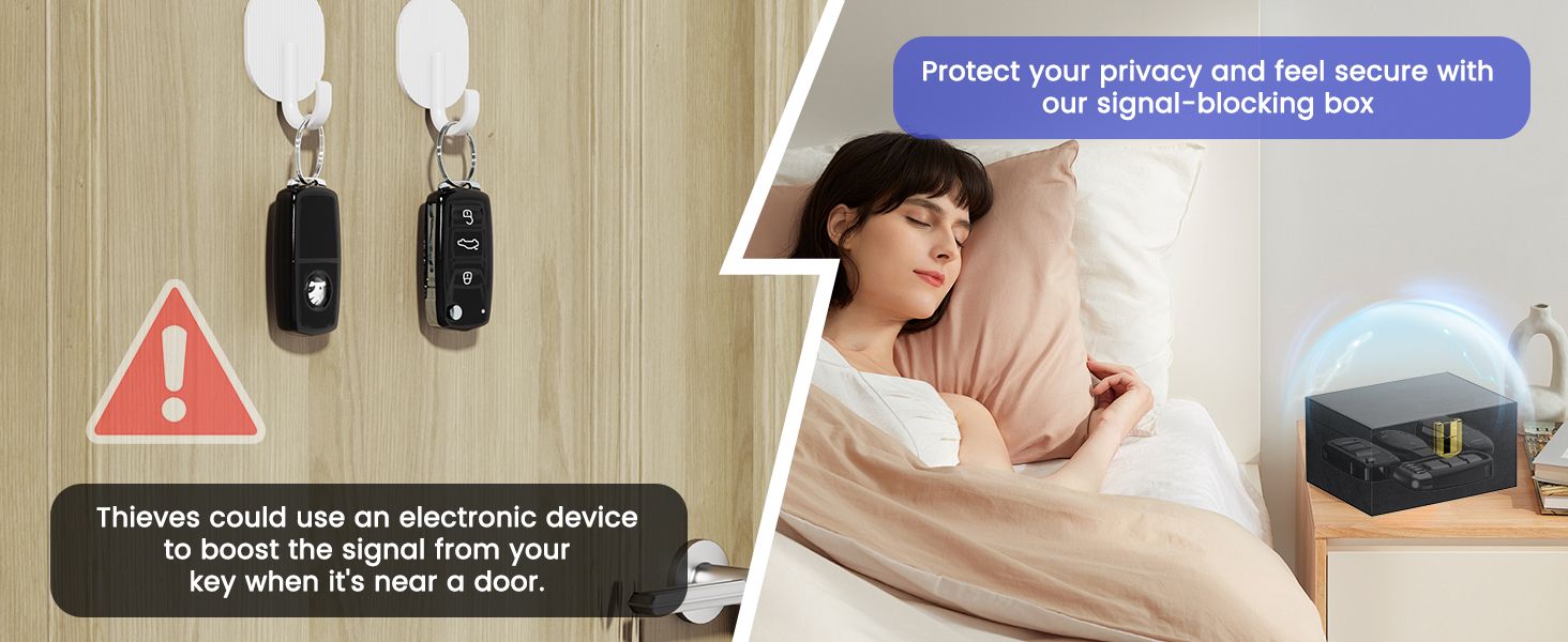 Demonstrates how the signal-blocking box protects against electronic theft by preventing thieves from boosting car key signals, ensuring user safety and privacy. Educates shoppers on the security…