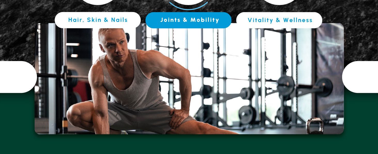 Presents multiple health benefit categories through a tabbed navigation showing hair, skin, nails, joints, mobility, vitality, and wellness to illustrate the wide-ranging wellness applications of…