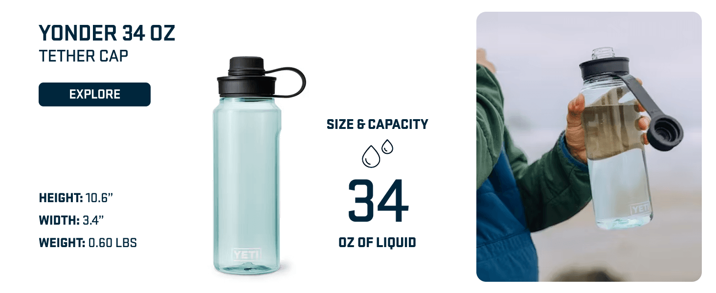 Communicates the exact physical size and liquid capacity of the 34 oz bottle to help shoppers understand the product dimensions and volume. Highlights the 34 oz liquid capacity as a key performance…