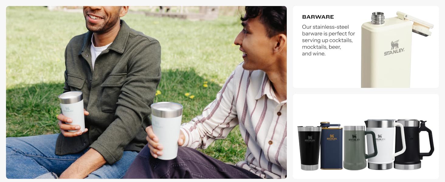 Showcases the breadth of the brand's barware product line to help shoppers see available options. Highlights the stainless-steel barware as ideal for serving cocktails, mocktails, beer, and wine.