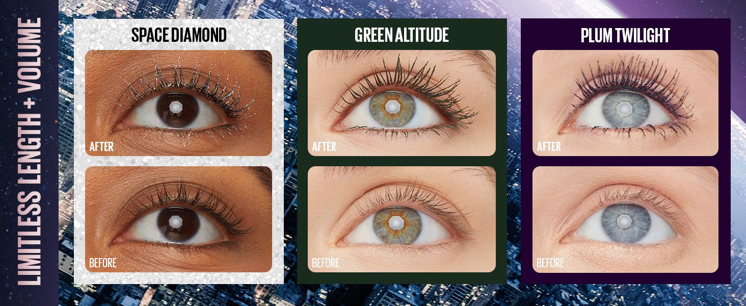 Shows lash length and volume gains on three shades to prove the mascara works across colors. Presents the Limitless Length and Volume shade lineup together to help shoppers pick a color.