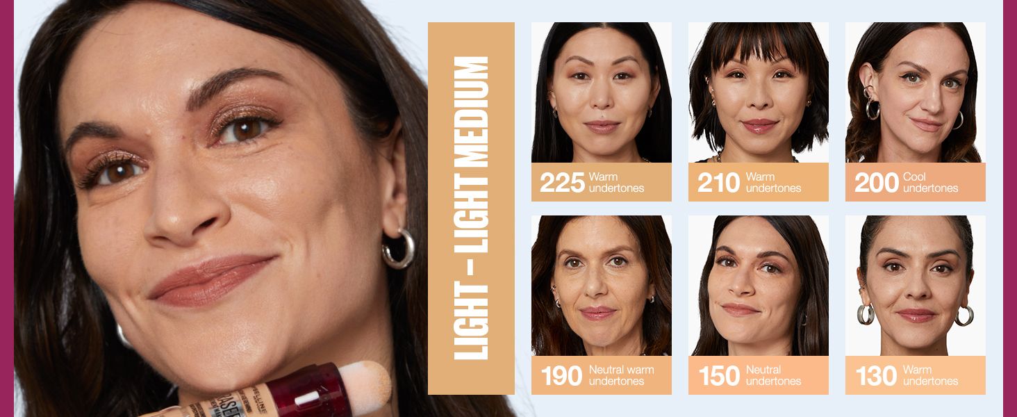 Presents the light to light medium shade options with undertone labels so shoppers can find their match within the brand line.
