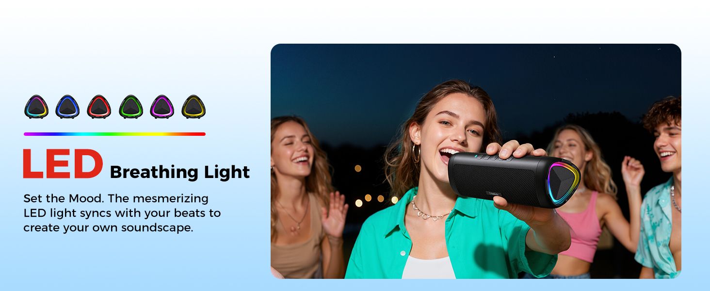 Highlights the speaker's LED breathing light that syncs with beats to set a fun mood. Lifestyle imagery reinforces the party atmosphere.